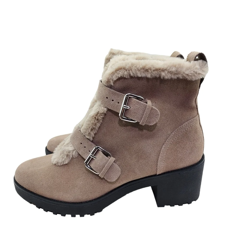 Violet & Red Women's Hailey Lug Sole Suede Bootie Taupe- 10